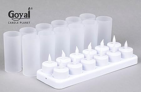 GOYAL Rechargeable LED Tealights (Set of 12) with Frosted Glass Cups, Indian Pin Charger & Charging Docket