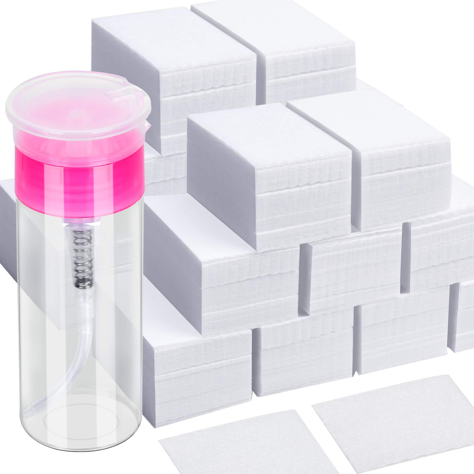 FANDAMEI 900pcs Lint Free Nail Wipes Pads with Plastic Bottle, 1pcs 100ml Gel Polish Remover Pump Dispenser and 2 Packs Acrylic Polish Remover Cleaner Cotton Pads, UV Gel Soak Off Clean Wipe