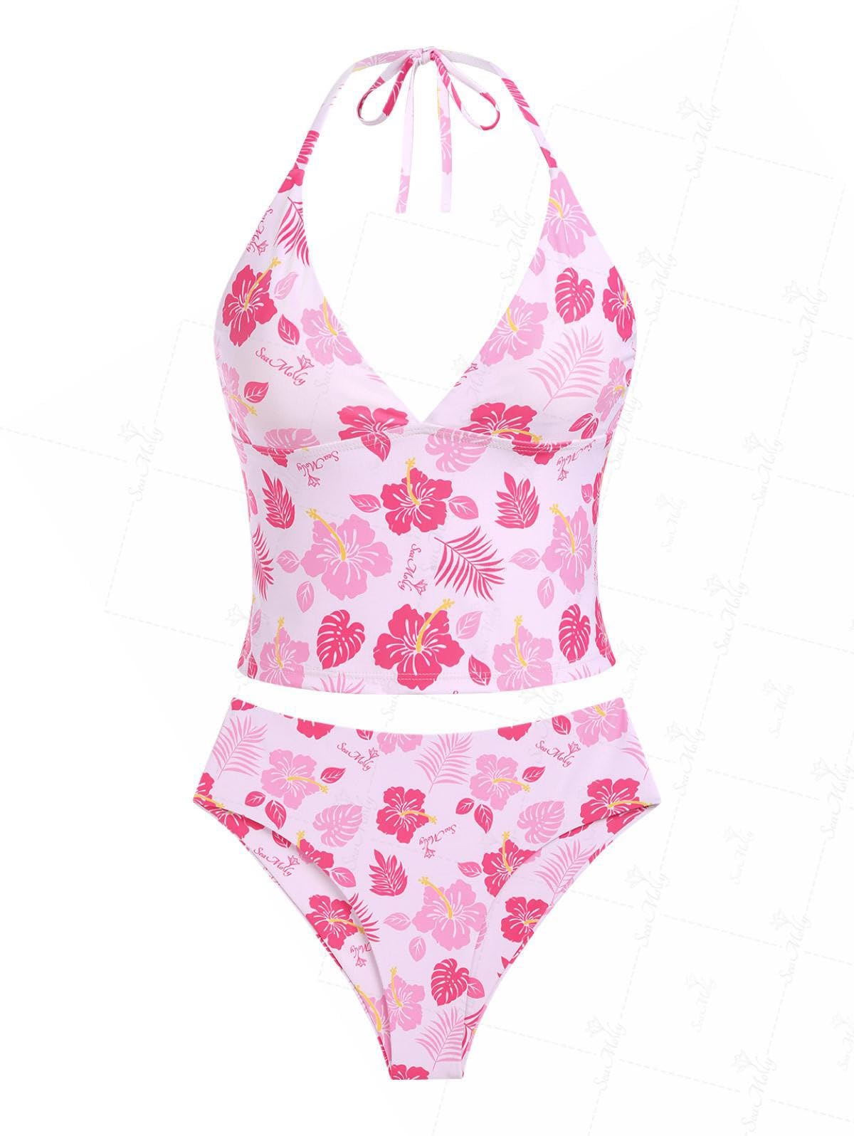 Photo 1 of seamoly Light Pink Tropical Floral Leaves Print Halter Tied Tank Top & Full Coverage Bottom Tankini Set,Light Pink,XL