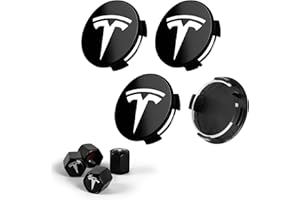 Powlamks 4 PCS Car Wheel Center Cap for Tesla Model Y & Model 3, Car Hubcaps with Logo Emblem and 4 Valve Stem Caps, 2.2 in ABS Wheel Rim Cover Accessories for Tesla 18"/19" Wheel, Black & Silver