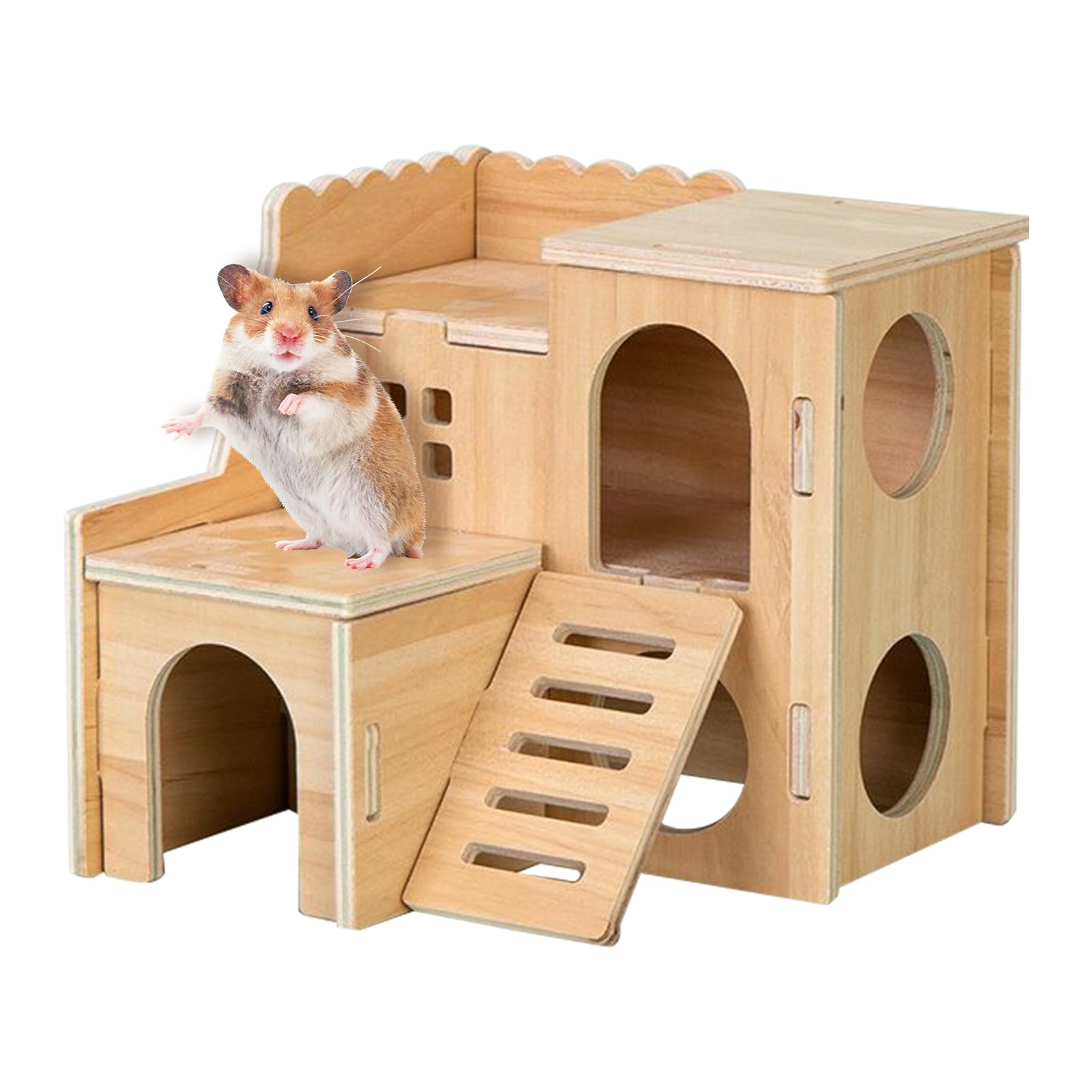Wooden Hamster House Corner Hideout Pet Small Animal Hideaway Hut Cage Décor for Syrian and Dwarf Hamsters Gerbil (A)
