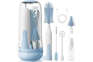 Duoffanny Electric Bottle Brush Cleaner, Baby Bottle Cleaning Kit with Nipple Straw Brushes Drying Rack ​​Soap Dispenser Rechargable Waterproof Multi-Purpose E-Brush Set for Travel & Home, Blue