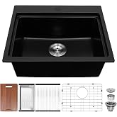 Davivy 22 Inch Matte Black Granite Drop In Kitchen Sink Workstation | 22 x 18.9 Inch Black Quartz Composite Kitchen Sink, Undermount Or Drop In Installation, Single Bowl Design with Accessories