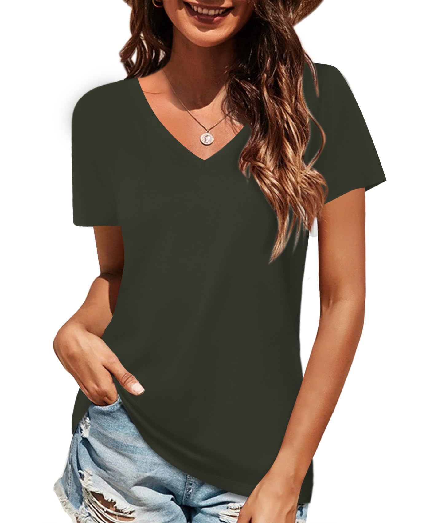 Elesomo Women's V Neck T Shirts Plain Short Sleeve