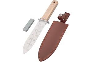 FEITA Hori Hori Garden Knife with Leather Sheath and Sharpening Stone, 7.1 Inches Stainless Steel Blade, Serrated Side Garden