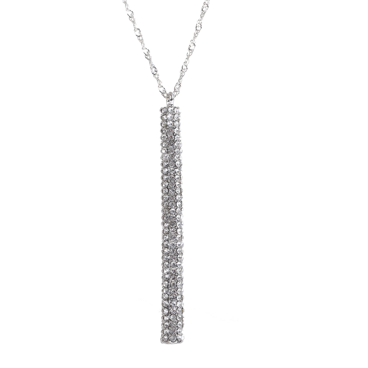 ELEARD Silver Bar Pedant Necklace Vertical Bar Drop Pedant with Crystal Paved Twist Chain Long Necklace