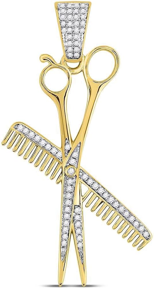 Solid 10k Yellow Gold Men's Round Diamond Barber Scissors Comb Clippers Charm Pendant 1/3 Ct.