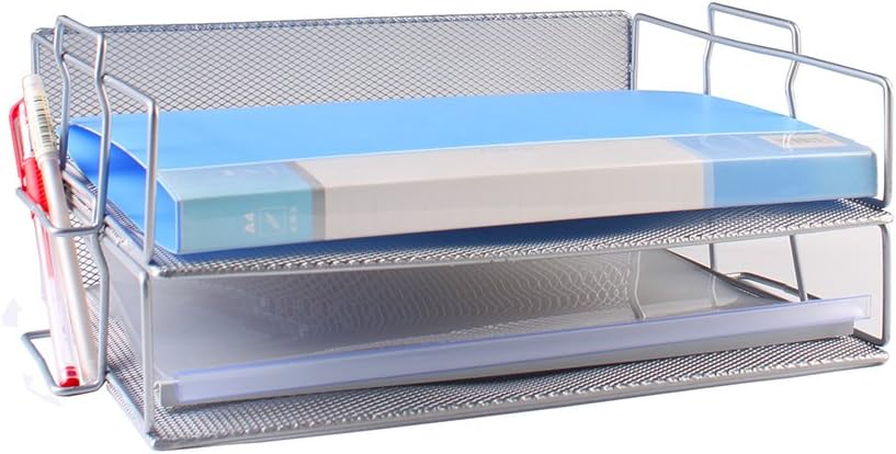Document Tray Office Desk Organizer Mesh Collection Letter Tray Stackable Shelves Desktop Paper Holder (Silver, 2-Tier)