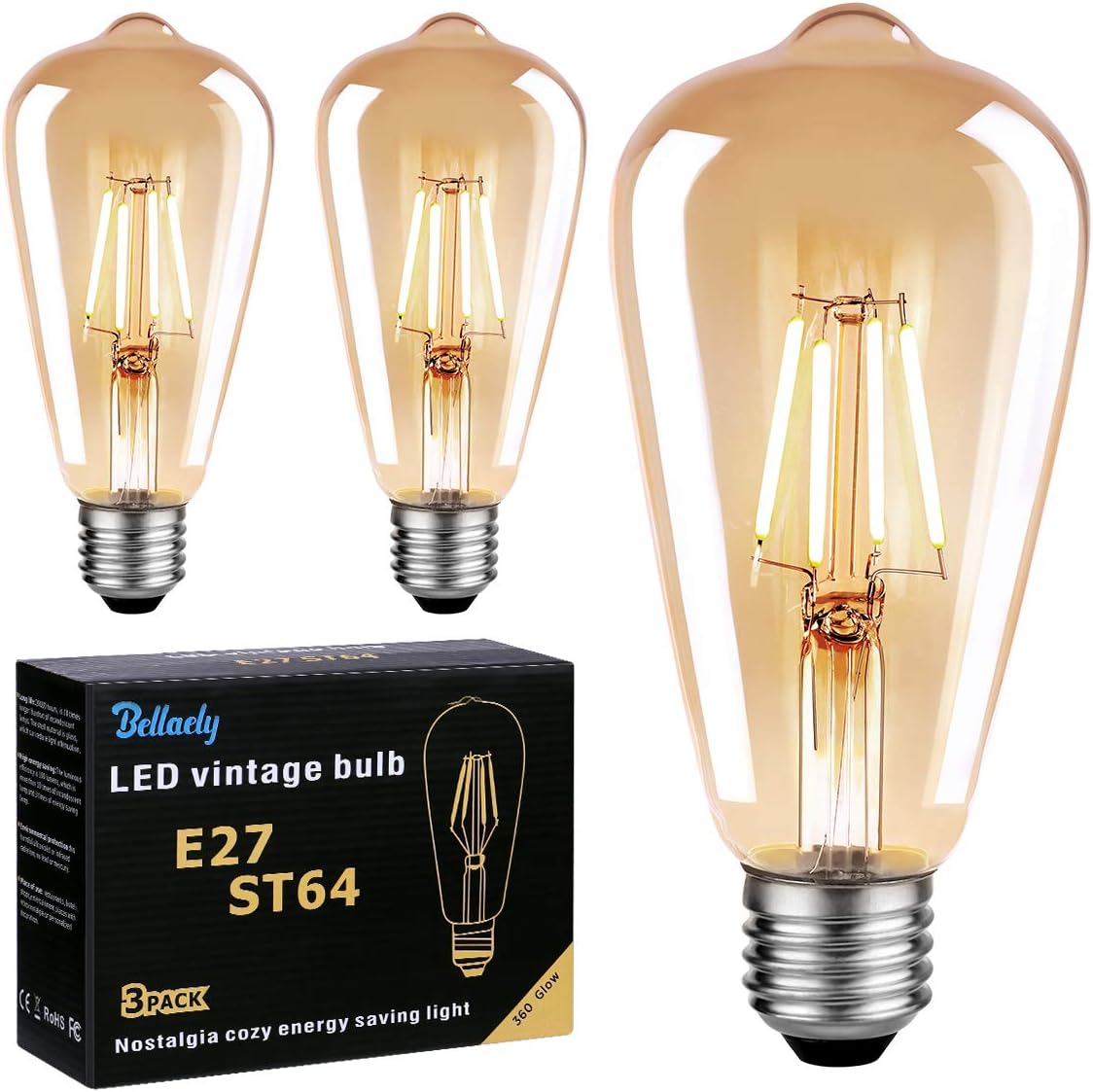 Edison Light Bulb, 4W LED Vintage Bulbs E27, Retro LED Filament Bulb Amber Glass Edison Screw Lamp ST64