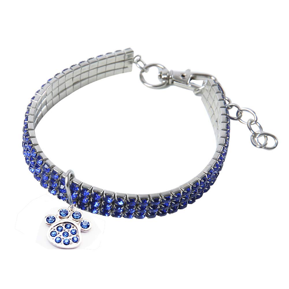 Pet Collar,Bling Bling Crystal Elastic Paw Pendant Dog Collar Fancy Rhinestone Cat Collar Necklace for Cats Small Dogs (S :20cm, Blue)
