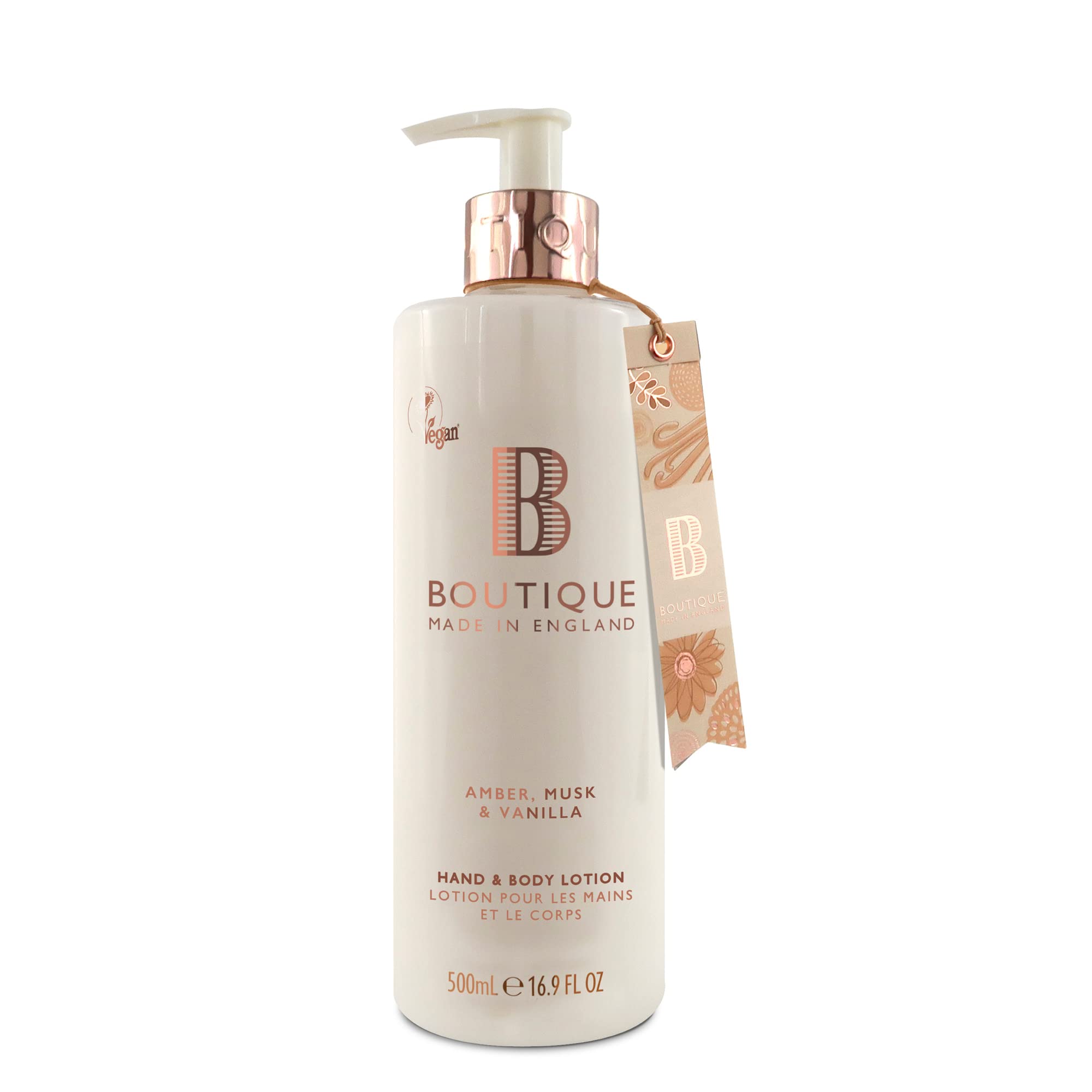 Boutique Amber, Musk & Vanilla Fragrance Hand & Body Lotion 500ml – Vegan Body Moisturiser with Essential Oils, Made in England – Lightly Scented Refreshing Hand & Body Care