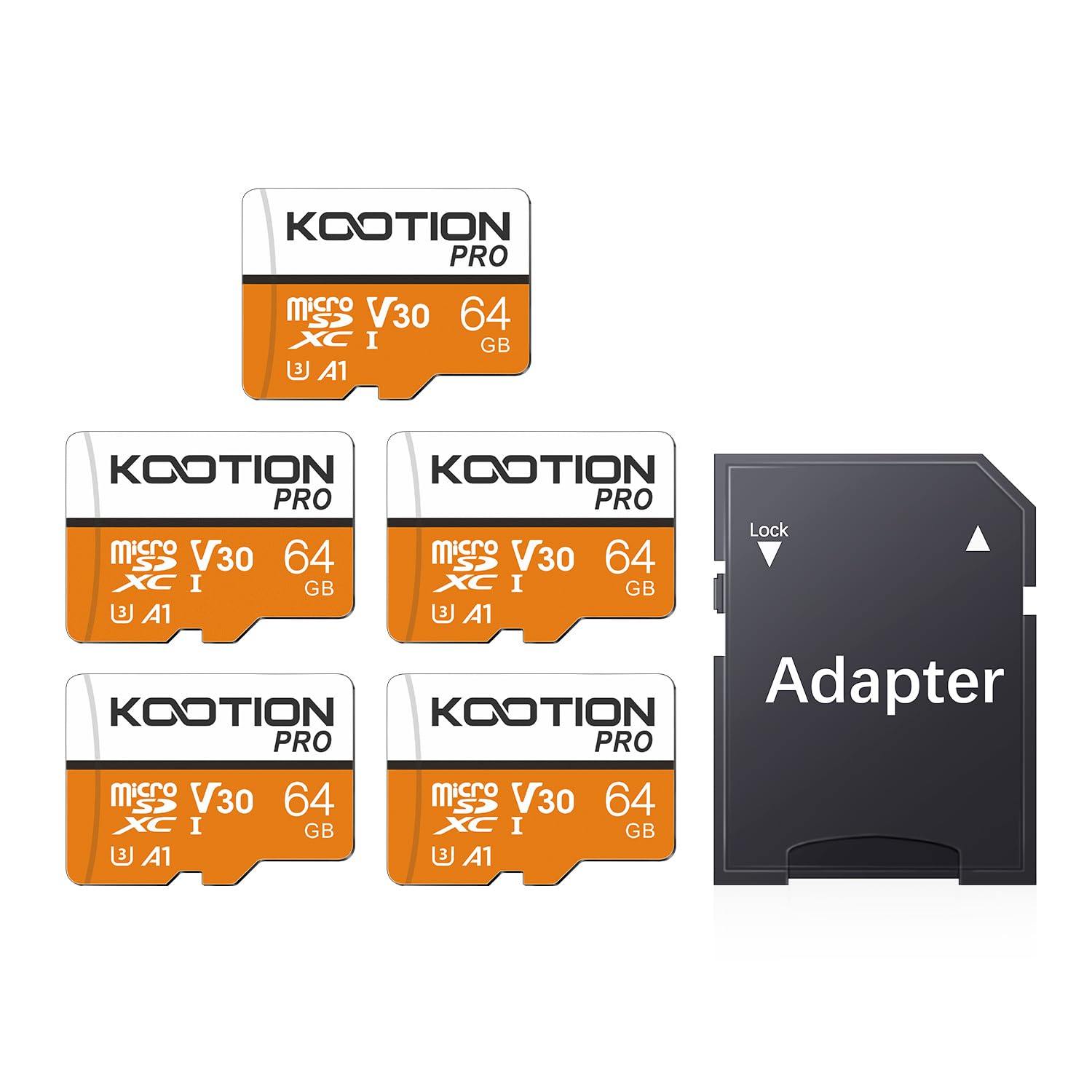 KOOTION 64 GB 5-Pack Micro SD Card, 4K Camera Pro, UHD Video for GoPro, Action Camera, Drone, Smartphone, R/W up to 90/35 MB/s MicroSDXC Memory Card UHS-I U3 A1 V30