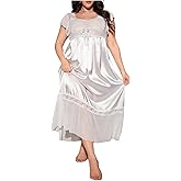 OYOANGLE Women's Plus Size Satin Nightgown Sleepwear Lace Trim Short Sleeve Ruffle Maxi Nightdress