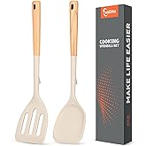 Silicone Cooking Spatula, Heat Resistant Solid Turner, Slotted Spatulas with Wooden Handle,Ideal Wood Kitchen Utensils Set for Frying, Baking, Flipping, Turning,Pack of 2 (Khaki)