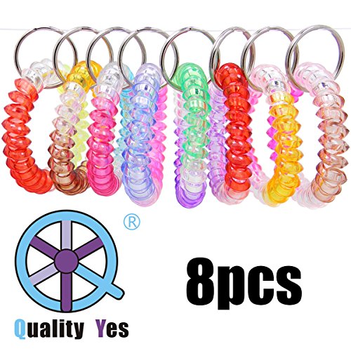 QY 8PCS Colorful Bright Assorted Pearlized Gradual Changing Colors Plastic Spiral Coil Wrist Band Key Ring Chain