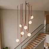 Nordic white glass spherical pendant light, leather, living room, staircase