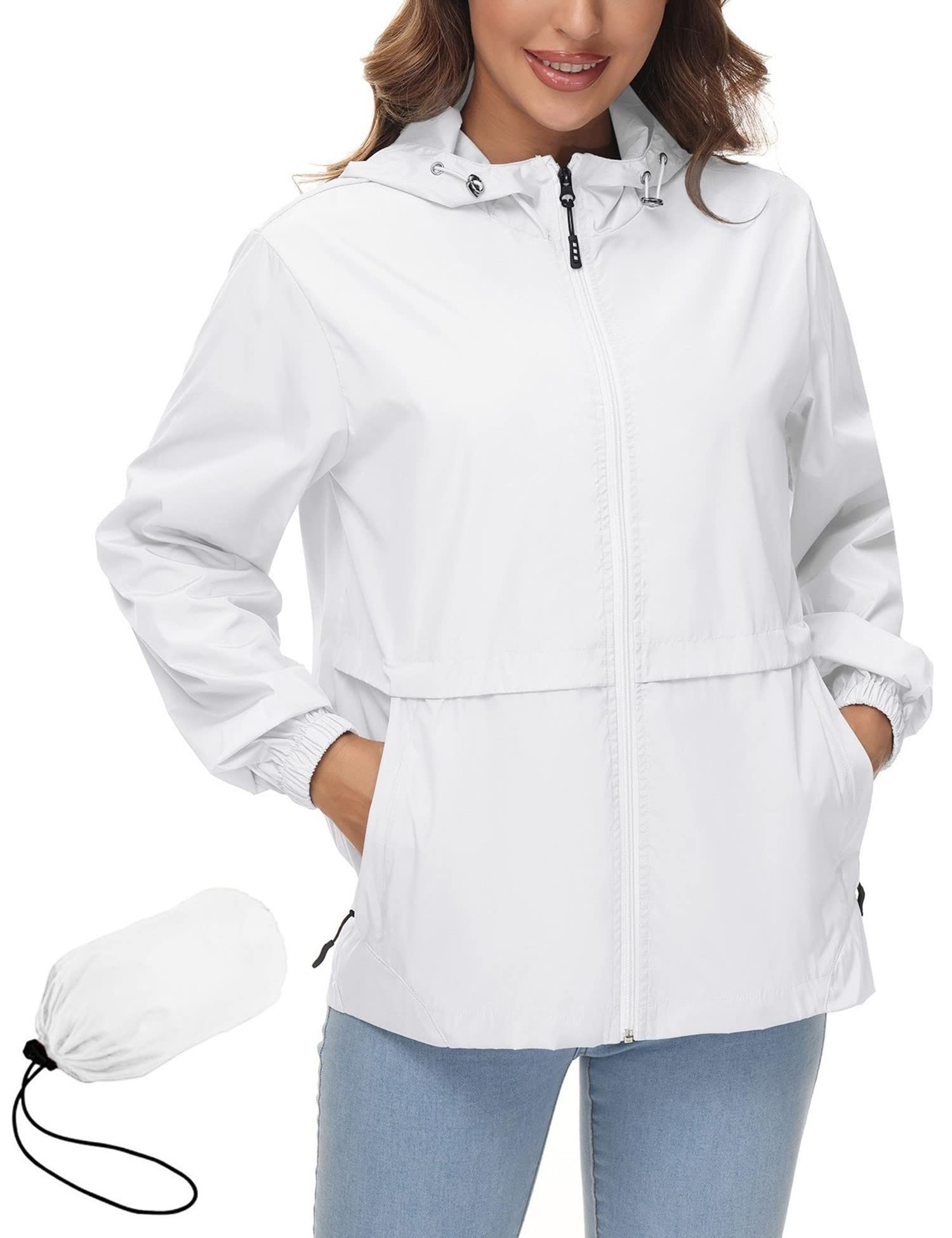 Photo 1 of Avoogue Packable Rain Jacket Women Raincoat Lightweight Waterproof Rain Jackets Outdoor Windbreaker White L
