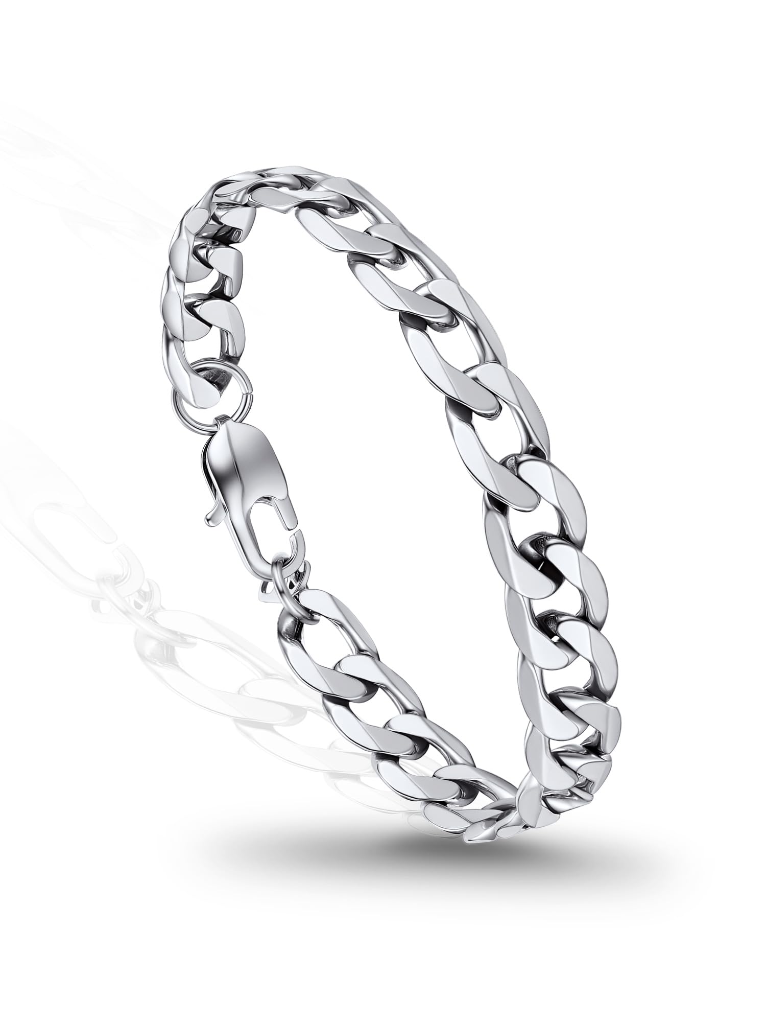 PROSTEEL Mens Bracelet - Stylish Flat Cuban Chain Wrist Link Bracelets Hypoallergenic 316L Stainless Steel Hip Hop Jewellery for Men Boys Silver 19CM Length 9MM Width (with Gift Box)