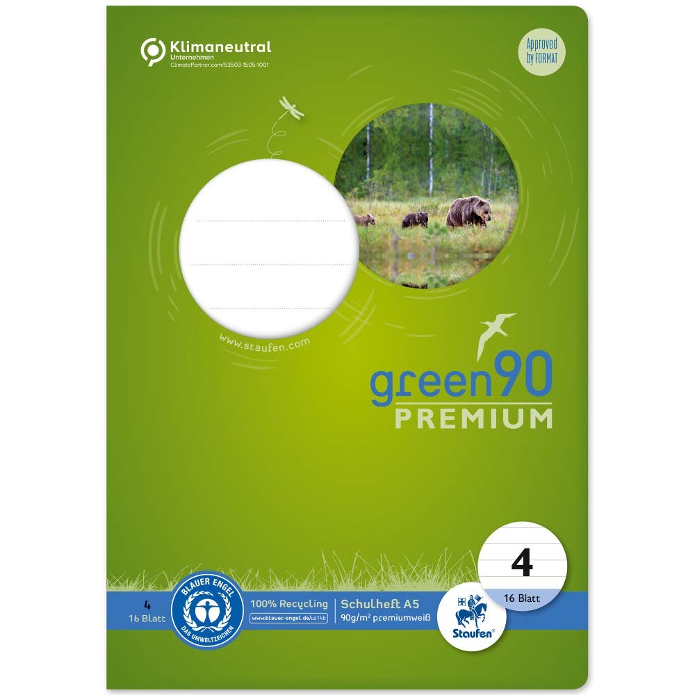 Staufen Green notebook - DIN A5, line type 4 (lined), 16 sheets, premium white 90 g/m² recycled paper, round corners prevent "donkey ears", 1 piece