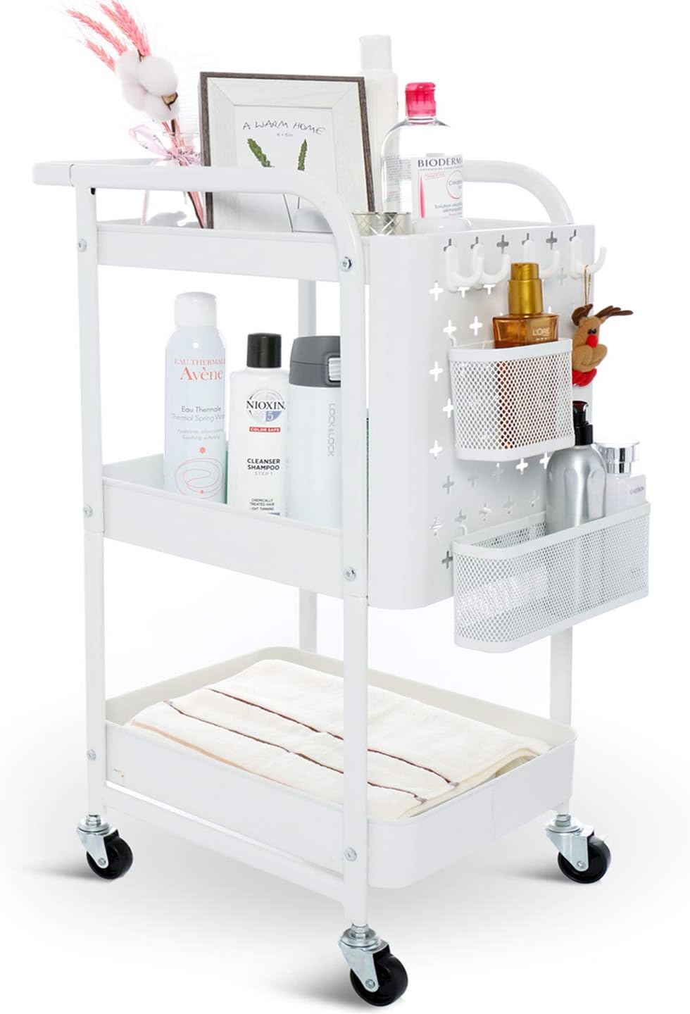 YOURLITE White 3-Tier Rolling Cart Storage - Metal Utility Service Trolley Kitchen Bathroom Shelves With Wheels, Beauty Salon Cart, Suitable for Home Office (White with Removable Pegboard)