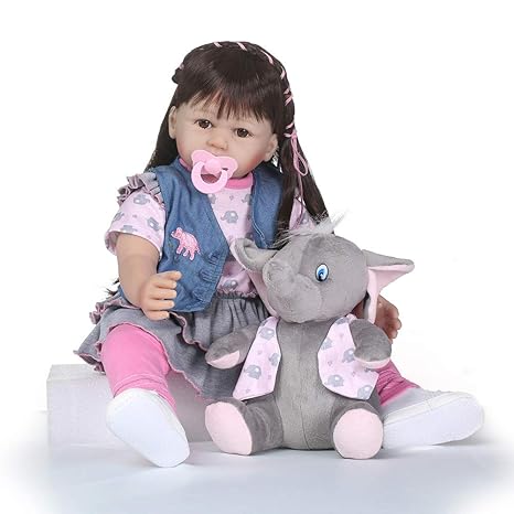 Walmeck Doll Reborn Doll 24 Inch Cloth Body Long Hair Lifelike Toddler Doll Play House Toy Gift with Cloths Elephant Toy