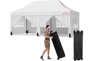 Benass 10x20 Heavy Duty Pop Up Canopy with 6 Sidewalls, 550D Commercial Easy Up Canopy Tent, Waterproof Outdoor Party Tent with Roller Bag, White