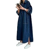 utcoco Oversized Denim Dress for Women 2025 Casual Long Sleeve Half Button Slit Jean Maxi Dress Plus Size