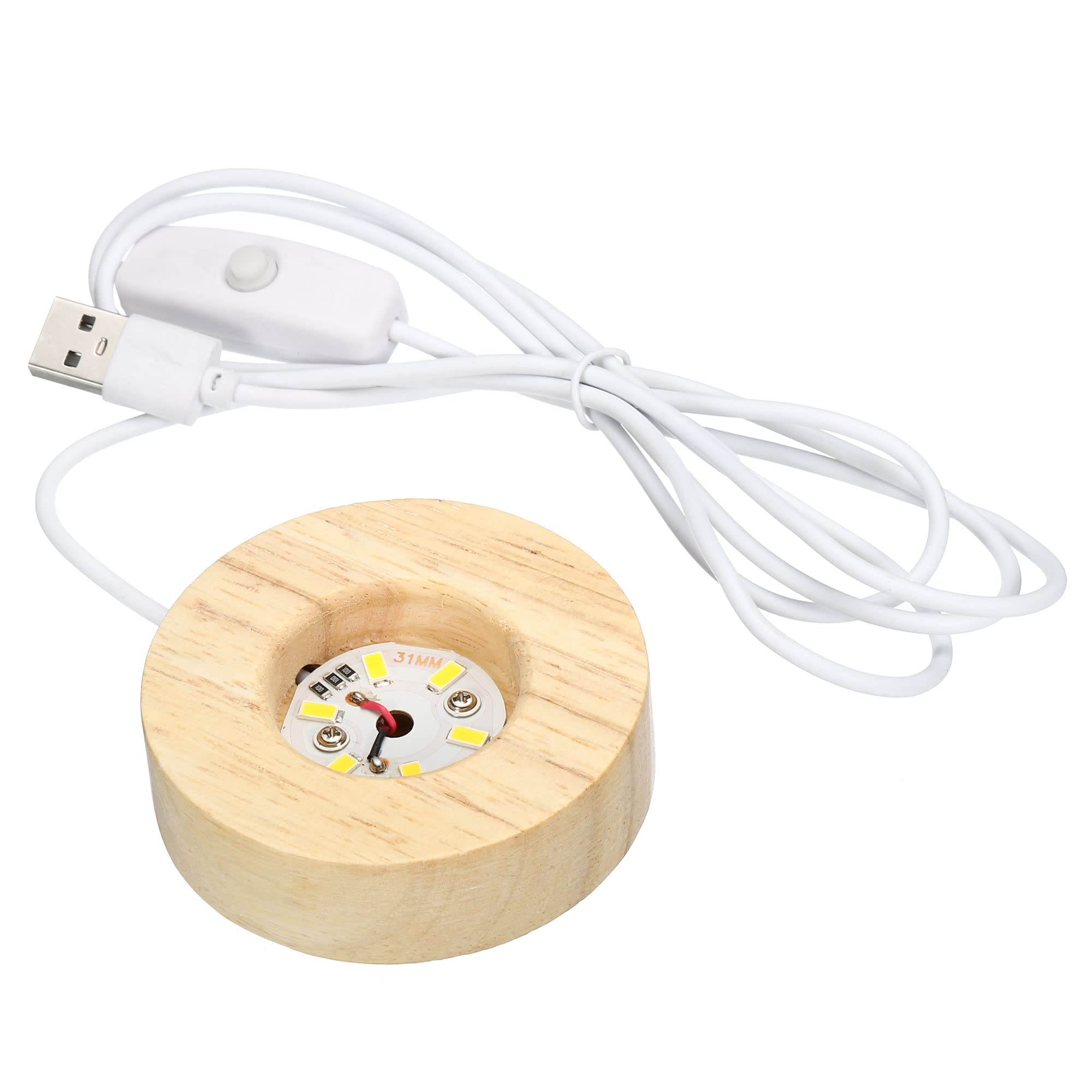 PATIKIL Wooden LED Light Base Stand, Round Wooden 2.76" Dia Warm White Lights Display Pedestals for Crystal Glass Art Decorations, Wood Color