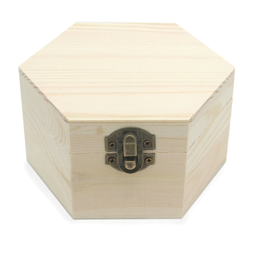 AVESON Plain Unfinished Box, Hexagon Unpainted Wooden Jewellry Box DIY Storage Chest Treasure Case 6.4x7cm