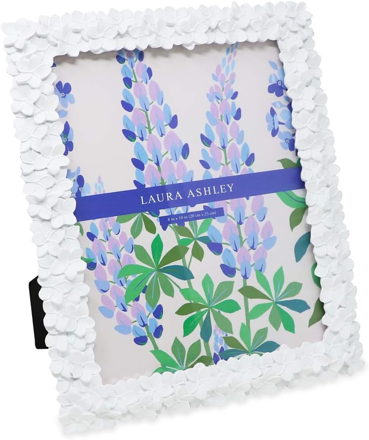 Laura Ashley 8x10 White Flower Textured Hand-Crafted Resin Picture Frame w/ Easel & Hook for Tabletop & Wall Display, Decorative Floral Design Home Décor, Photo Gallery, Art (8x10, White) -