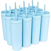 STRATA CUPS Periwinkle Skinny Tumblers with Lids and Straws (12 pack) - 16oz Double Wall Acrylic Tumbler, Tall Matte Skinny Tumblers, Bulk with Free Straw Cleaner, Reusable Cups