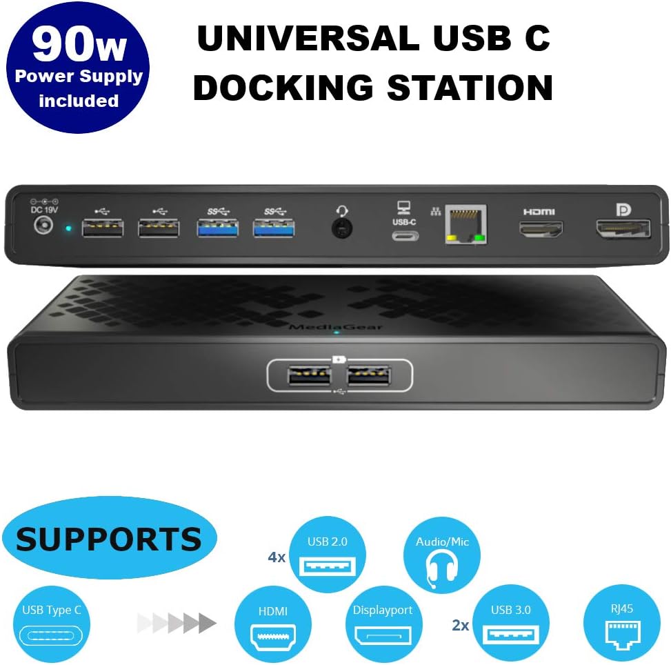 mediaGear Dual Display USB C Docking Station w/ 70W Power Delivery. Ports: HDMI, DisplayPort, 6X USB, Gigabit Ethernet, Audio/Mic for Mac & Windows OS