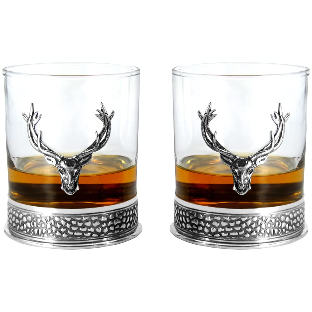 English Pewter Company Double Whisky Tumbler Glass Set with Pewter Base, Regal Stag Design [DEC034]