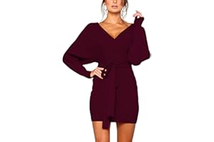Mansy Women's Sexy Cocktail Batwing Long Sleeve Backless Mock Wrap Knit Sweater Mini Dress