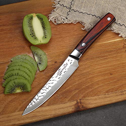 Utility Knife 5 Inch, PAUDIN Pro Kitchen Knife High Carbon German Stainless Steel 7Cr17Mov Hammered Pattern, Sharp Knife with Ergonomic Pakka Wood Handle with Gifted Box - Thumbnail 5