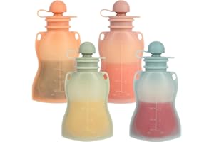 Eascrozn Reusable Baby Food Pouches with Straws, 4 Pack Refillable Silicone Squeezable Pouch for Kids Toddlers, BPA Free, Baby Food Storage Containers for Make Homemade, 5 oz