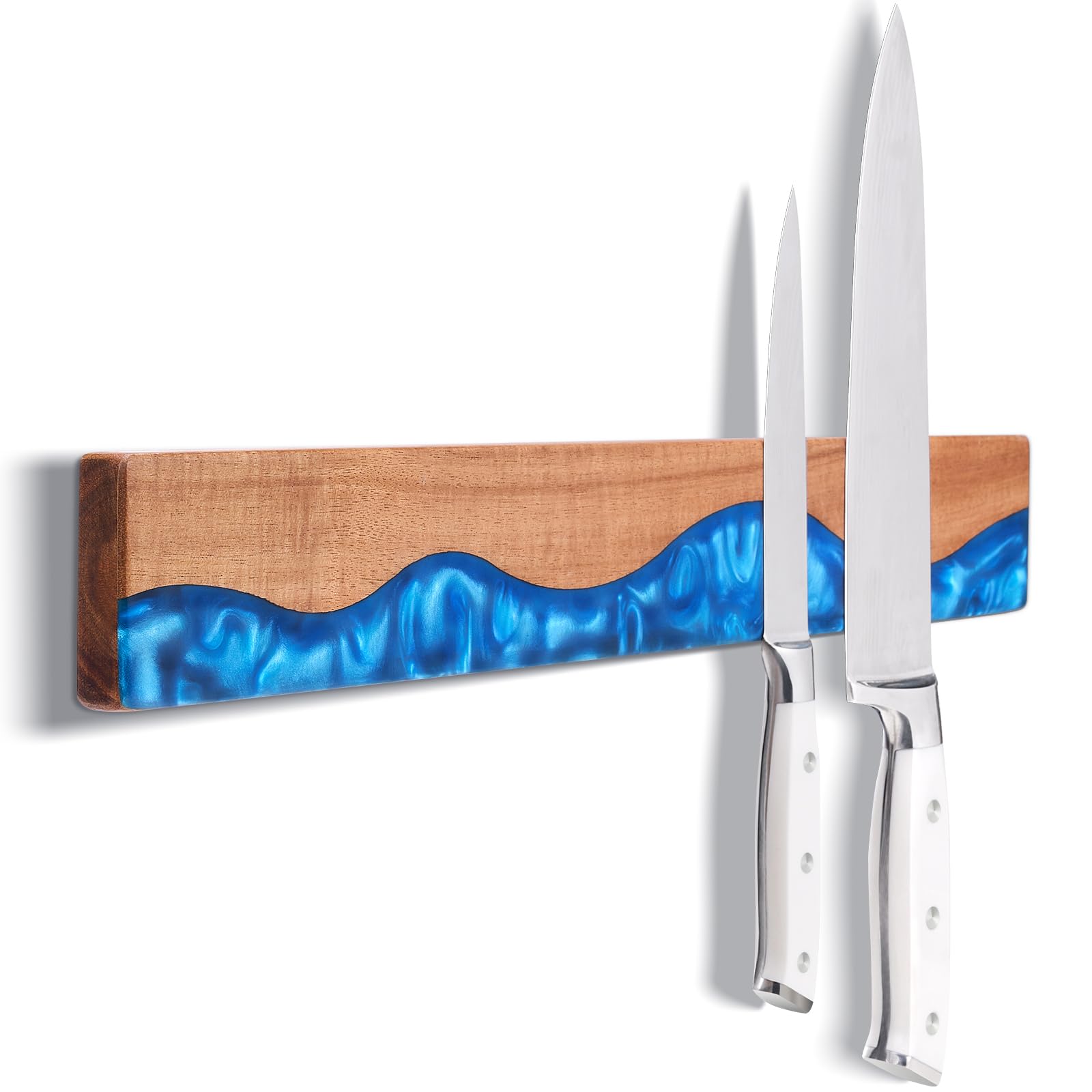 Photo 1 of ENOKING 16 Inch Magnetic Knife Holder for Wall, Acacia Wood & Blue Resin Magnetic Knife Strip, Powerful No-Drill Adhesive or Screws Mount, Kitchen Knife Bar Storage Rack ("Ocean" Blue Resin)