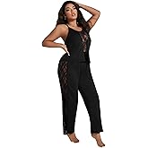 OYOANGLE Women's 2 Piece Plus Size Lace Pajama Set Pjs Sleepwear Set Lounge Sets V Neck Cami Top and Pants