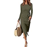 ANRABESS Womens 2026 Spring Long Sleeve Maxi Dress Crewneck Tie Waist Slit Casual Long T Shirt Dresses Winter Trendy Outfits