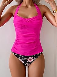 Eomenie Womens Halter Tankini Bathing Suit Ruched