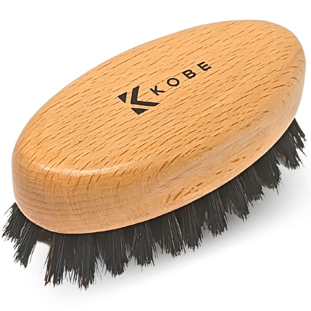 Kobe Palm Men's Small Military Style Boar Bristle Hair Brush/Beard Brush - Travel Style Pocket Friendly Beard Brush for Men - Perfect for Beard Care - Works Well With Beard Oils (Light Beech)