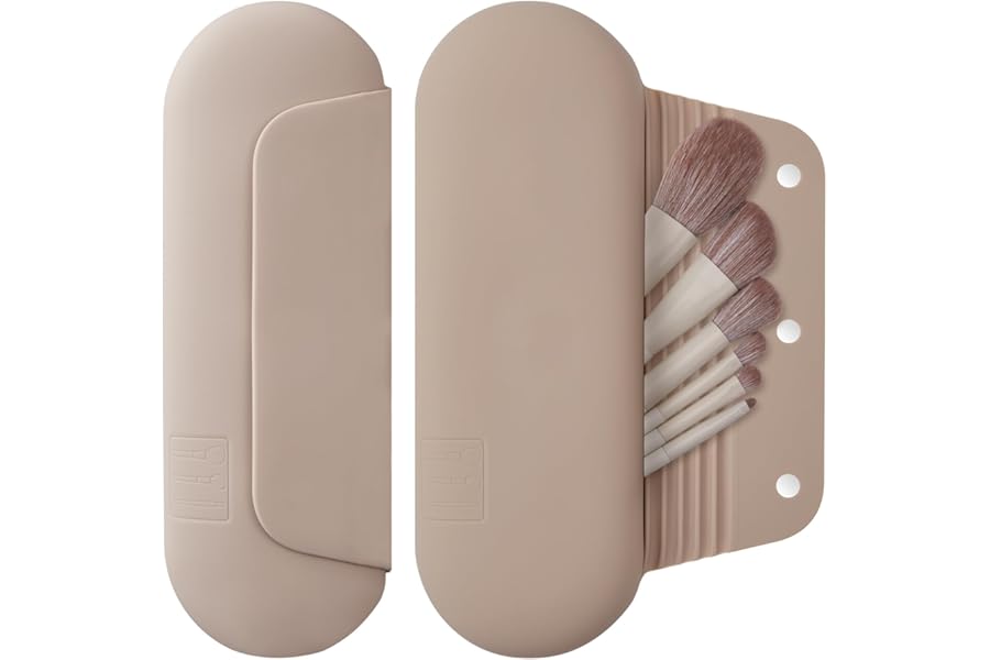 AGIKET Silicone Makeup Brush Holder Travel Cosmetic Bag：Soft Portable Cosmetic Face Brushes Holder with Upgrade Anti-Fall Out Magnetic Closure, Large Travel Makeup Brush Case – Walnut