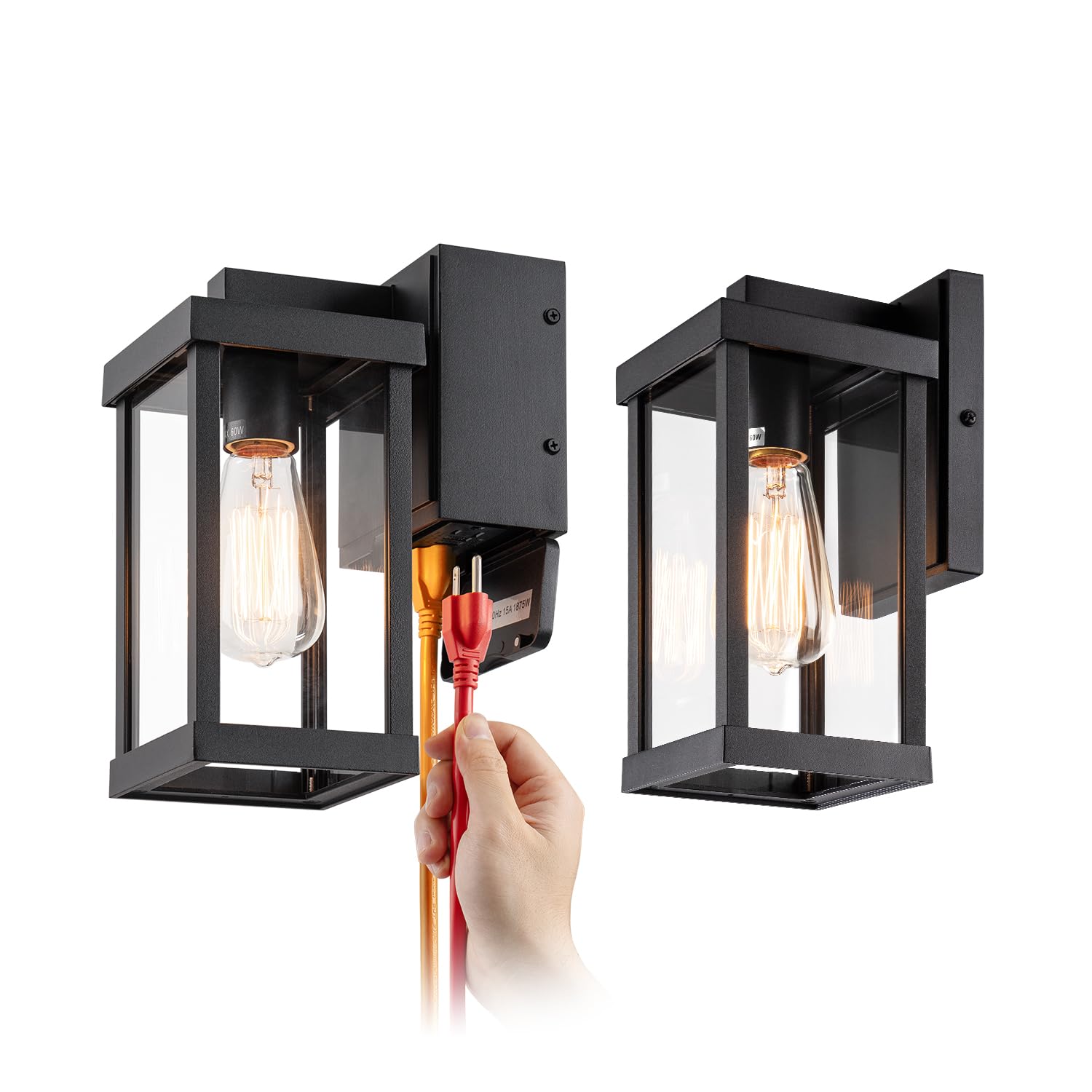 Photo 1 of **On this item, there is broken glass on both of the light post, item is still functional. Please see attached pictures. **

mirrea 11" Classic Outdoor Wall Sconce with Built-in GFCI Outlet 1 Light in Matte Black Rectangular Metal Frame and Clear Glass Sh