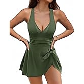 VIMPUNEC One Piece Swim Dress for Women Tummy Control Bathing Suit Mesh Tie Knot Skirt Swim Suits