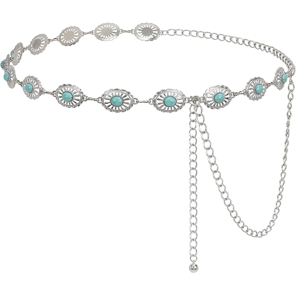 2825 Western Waist Chain Belt For Women Turquoise Metal Concho Cowgirl Ariat Turquoise Concho Chain Belt – Dales Clothing Inc main image 4