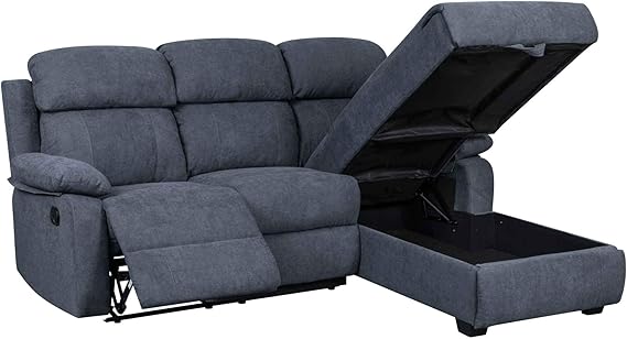 Decoinparis Canapé Relax Avec Méridienne Et Coffre De Rangement En Tissu Keaton Angle Droit Gris Foncé