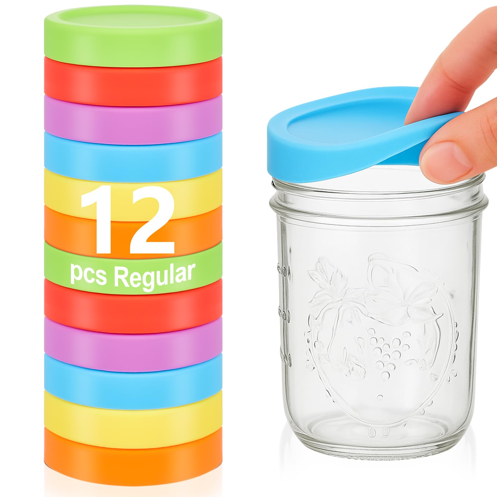 Photo 1 of Teenyyou 12 Pcs Silicone Regular Mouth Lids Mason Jar Lids Thickened Leak Proof Lid for 70 mm All regular mouth Mason Jars, Reusable Large Canning Jar Caps(Red Orange Yellow Green Blue Purple)