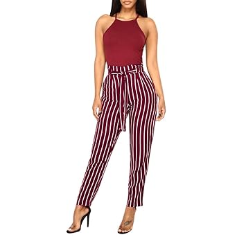 UFACE Damen Gestreiften Knopf Casual Hosen gerade Beinhosen Leg Lässige Hose mit Taschen