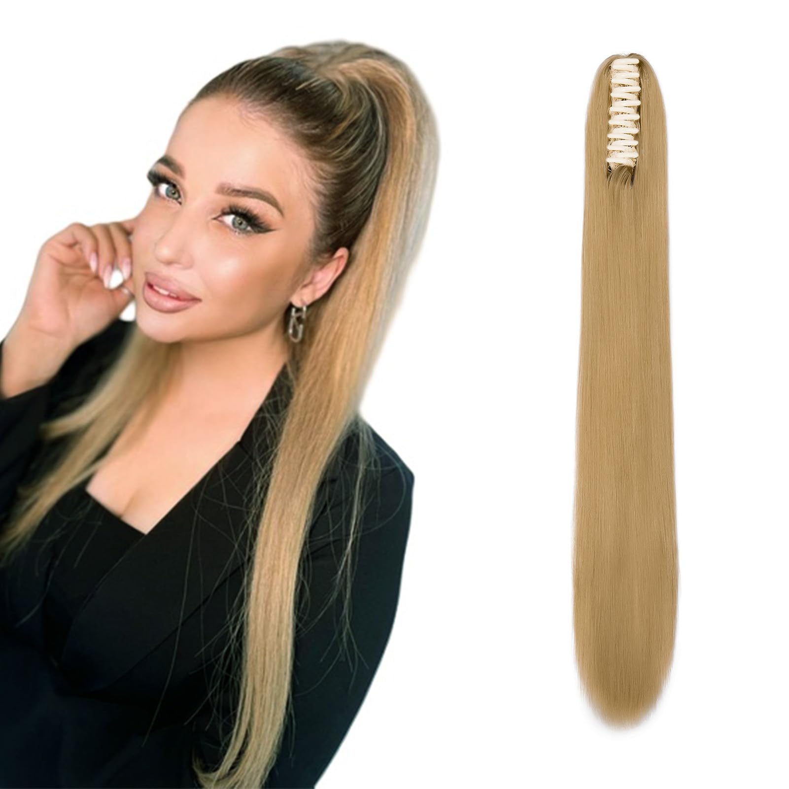 Cybelleza 22inch Ponytail Hair Extensions Ponytail Claw Jaw on Long Straight Pony Tails Clip in Hair Extensions Synthetic Hair pieces for Women (Dark Blonde)