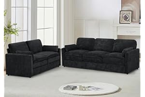 LESOFAIR Comfy Chenille Sofa Set with Well-Filled Pillows, Modern 3 Seater and Loveseat Sofa with Upholstered Cushions, 2 Pieces Sectional Couch with Soft and Thickened Seats for Living Room, Office, Black